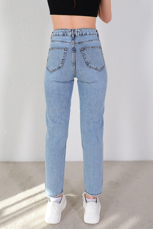 JEAN-08110 Mavi Siyah Kelebek Baskılı Momfit Jean