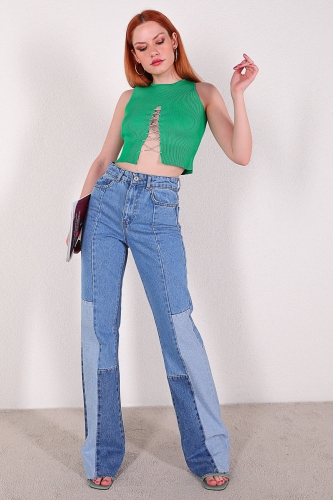 Cappmoda - JEAN-08114 Mavi Parçalı Kesik Paça Momfit Jean (1)
