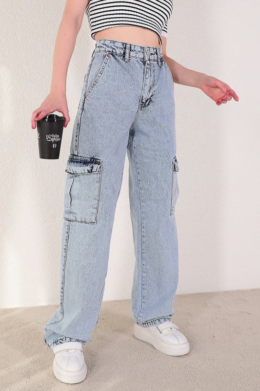 JEAN-08115 Açık Mavi Yan Cepli Düz Paça Kargo Jean
