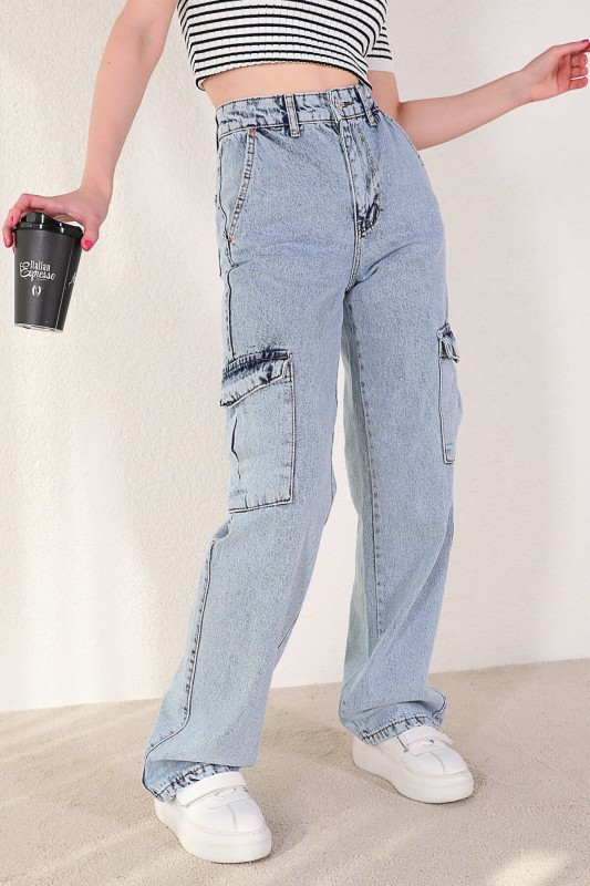 JEAN-08115 Açık Mavi Yan Cepli Düz Paça Kargo Jean