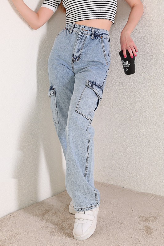 JEAN-08115 Açık Mavi Yan Cepli Düz Paça Kargo Jean