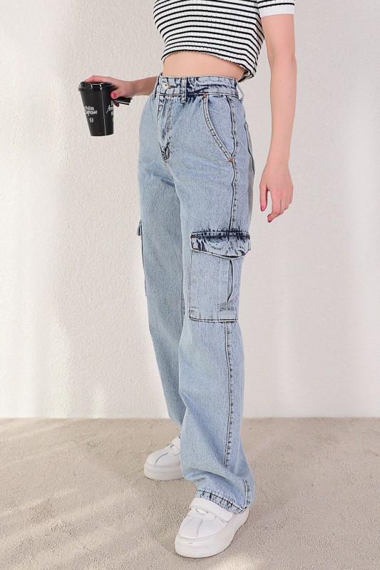 JEAN-08115 Açık Mavi Yan Cepli Düz Paça Kargo Jean
