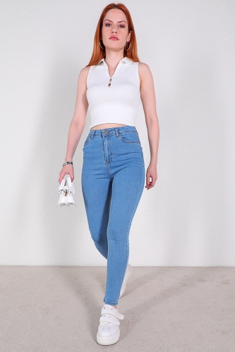JEAN-08116 Açık Mavi Düz Yüksek Bel Skinny Jean - Thumbnail