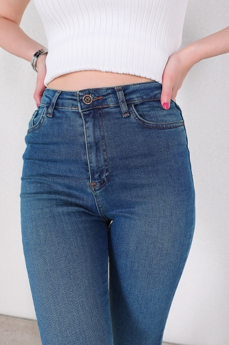 JEAN-08116 Koyu Mavi Yüksek Bel Skinny Jean - Thumbnail