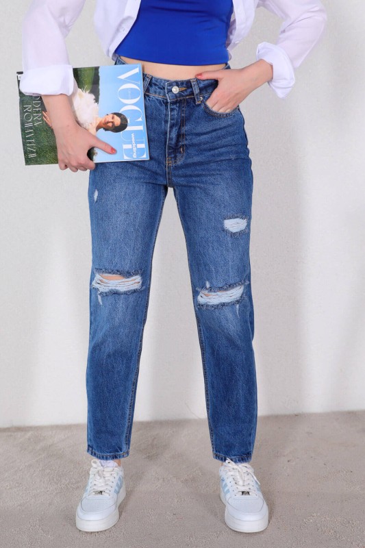 JEAN-08117 Mavi Taşlamalı Yırtık Detaylı Momfit Jean