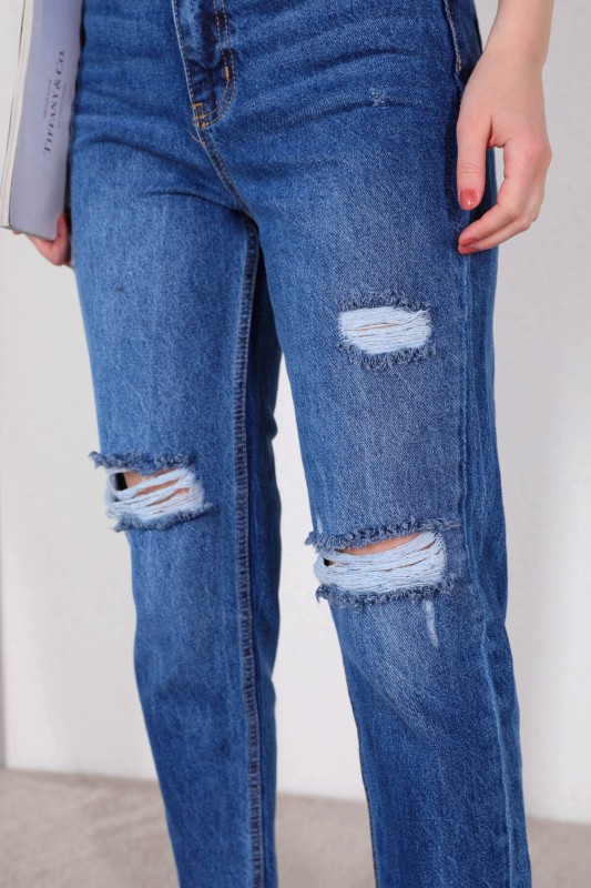 JEAN-08117 Mavi Taşlamalı Yırtık Detaylı Momfit Jean