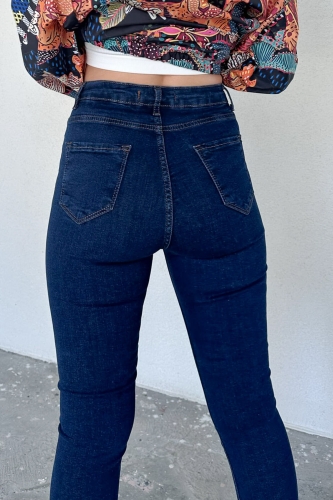 JEAN-08122 Koyu Mavi Yüksek Bel Likralı Skinny Jean - Thumbnail