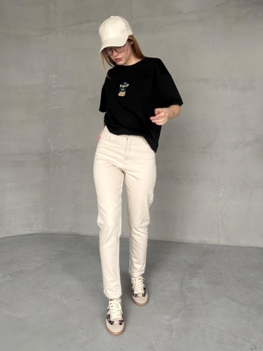 Cappmoda - JEAN-08124 Krem Rengi Taşlamalı Süper Kalıp Momfit Jean (1)