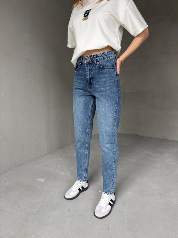 JEAN-08124 Mavi Taşlamalı Süper Kalıp Momfit Jean