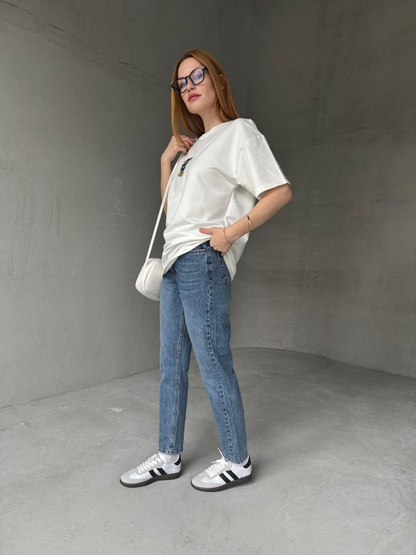 JEAN-08124 Mavi Taşlamalı Süper Kalıp Momfit Jean