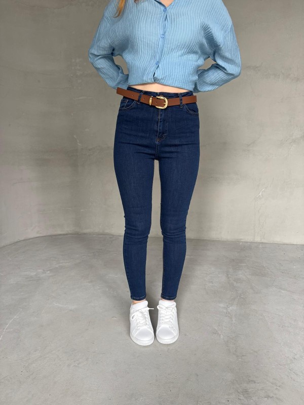 JEAN-08126 Koyu Mavi Yüksek Bel Likralı Skinny Jean
