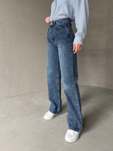 Cappmoda - JEAN-08127 Mavi Kot Kumaş Yüksek Bel Palazzo Jean (1)