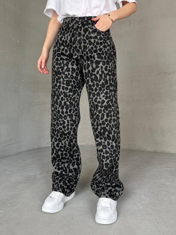 JEAN-08130 Füme Leopar Desenli Kot Kumaş Yüksek Bel Palazzo Jean