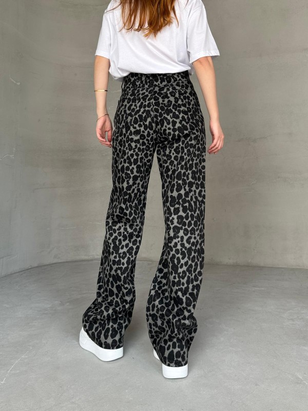 JEAN-08130 Füme Leopar Desenli Kot Kumaş Yüksek Bel Palazzo Jean