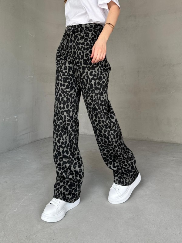JEAN-08130 Füme Leopar Desenli Kot Kumaş Yüksek Bel Palazzo Jean