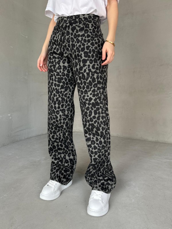 JEAN-08130 Füme Leopar Desenli Kot Kumaş Yüksek Bel Palazzo Jean