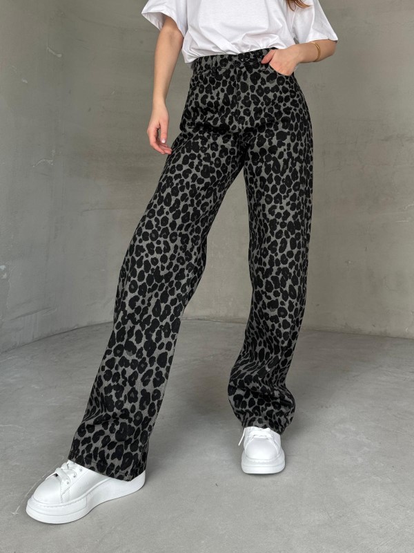 JEAN-08130 Füme Leopar Desenli Kot Kumaş Yüksek Bel Palazzo Jean