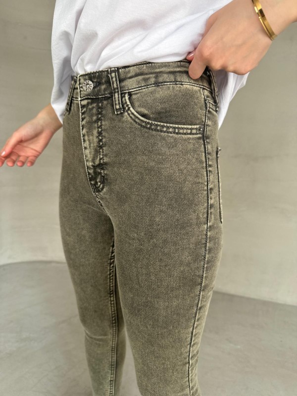 JEAN-08131 Haki Yıkama Kumaş Yüksek Bel Likralı Skinny Jean