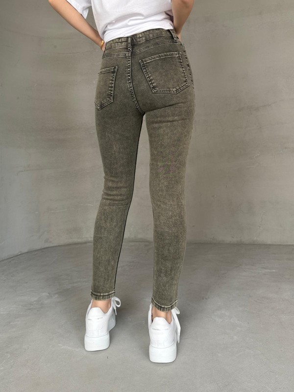 JEAN-08131 Haki Yıkama Kumaş Yüksek Bel Likralı Skinny Jean