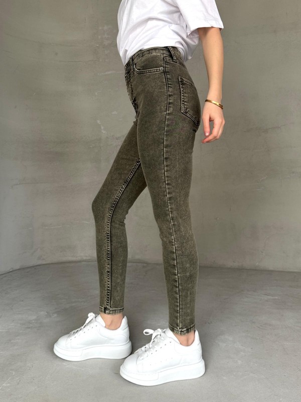 JEAN-08131 Haki Yıkama Kumaş Yüksek Bel Likralı Skinny Jean