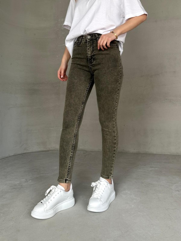 JEAN-08131 Haki Yıkama Kumaş Yüksek Bel Likralı Skinny Jean