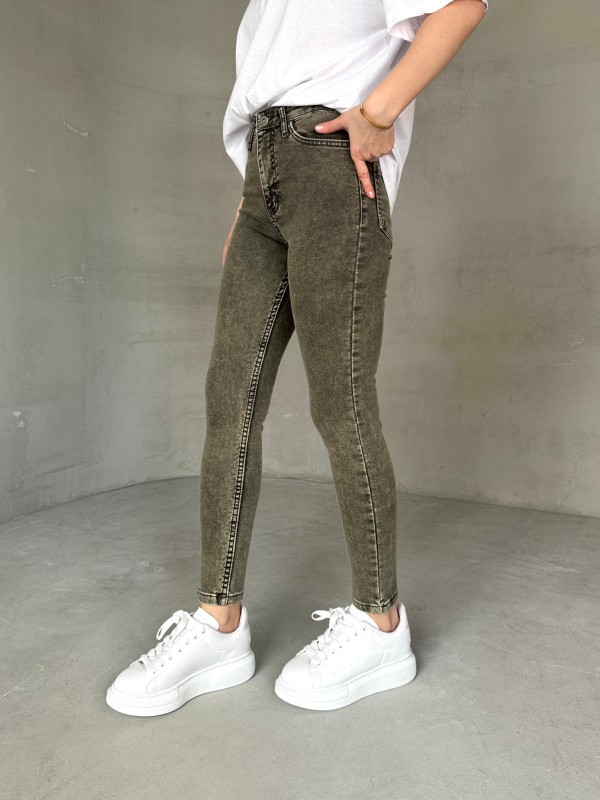 JEAN-08131 Haki Yıkama Kumaş Yüksek Bel Likralı Skinny Jean