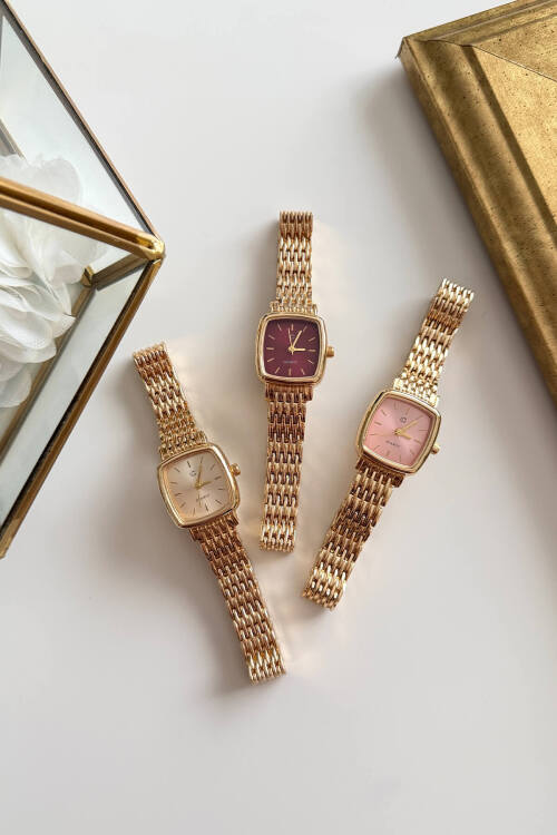 July Gold Pudra Kare Kadran Çelik Kordon Kadın Kol Saati (1)