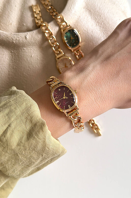 Kae Bordo Kadran Metal Gold Kordon Kadın Kol Saati 