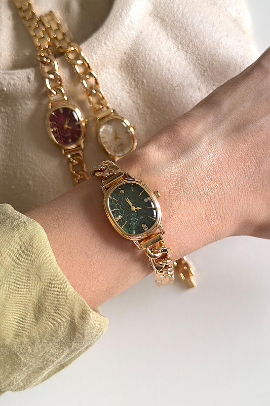 Kae Yeşil Kadran Metal Gold Kordon Kadın Kol Saati 