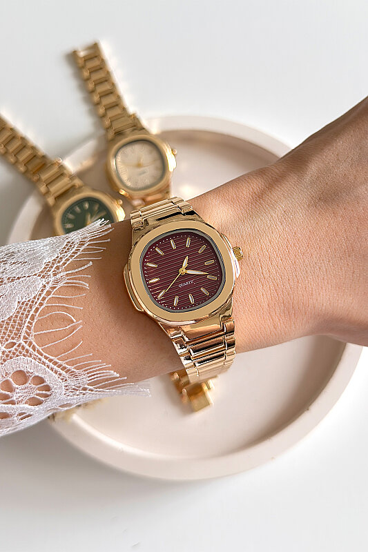 Lavi Bordo Kadran Metal Gold Kordon Kadın Kol Saati - 1