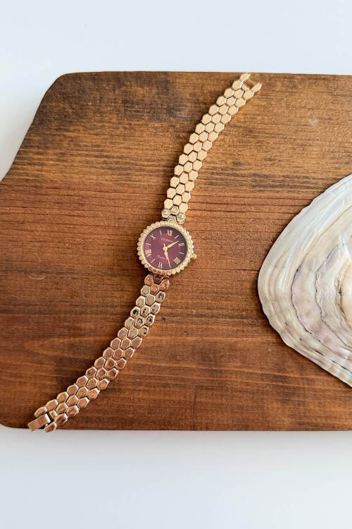 Linda Bordo Kadran Gold Çelik Kordon Kadın Kol Saati 