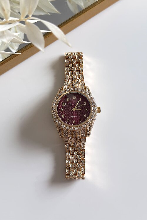 Lior Bordo Kadran Ful Taşlı Gold Çelik Kordon Kol Saati 