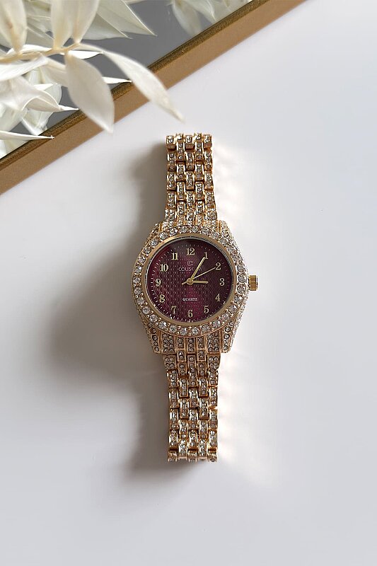 Lior Bordo Kadran Ful Taşlı Gold Çelik Kordon Kol Saati - 1