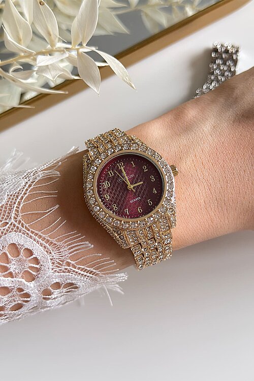 Lior Bordo Kadran Ful Taşlı Gold Çelik Kordon Kol Saati - 3