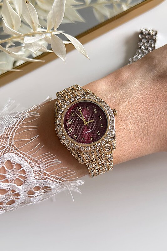 Lior Bordo Kadran Ful Taşlı Gold Çelik Kordon Kol Saati - 3