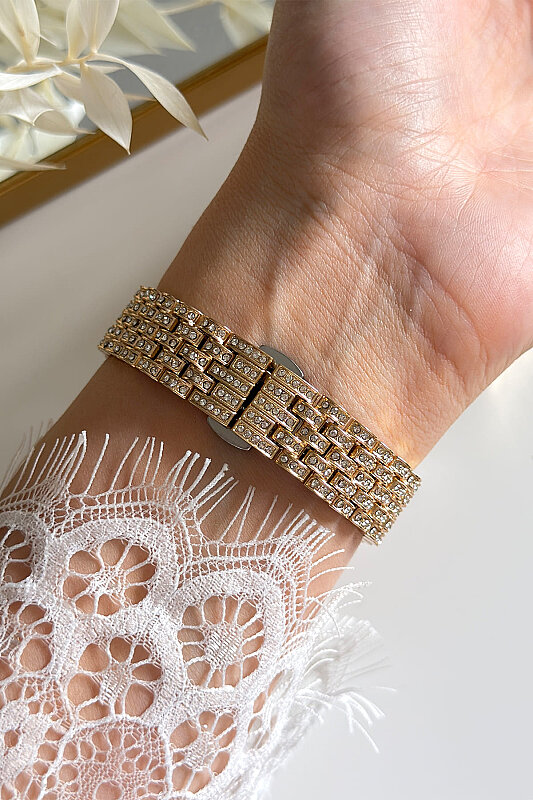 Lior Bordo Kadran Ful Taşlı Gold Çelik Kordon Kol Saati - 4