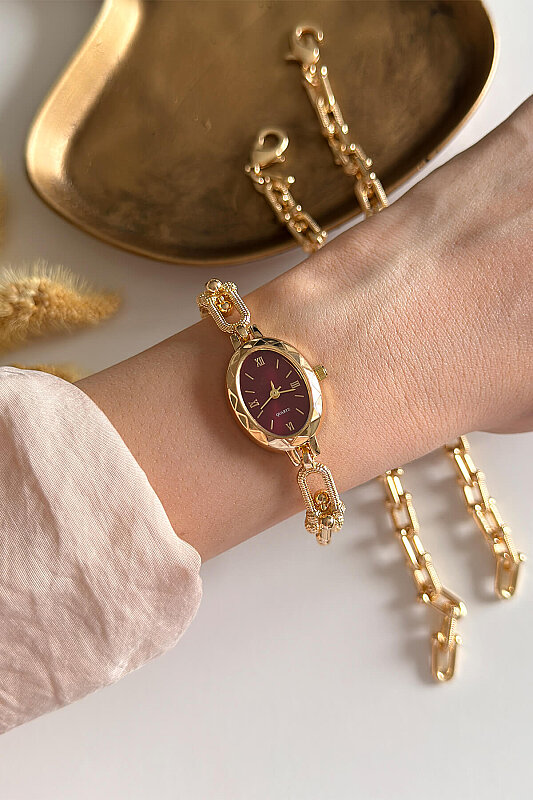 Liora Bordo Kadran Metal Gold Kordon Kadın Kol Saati 