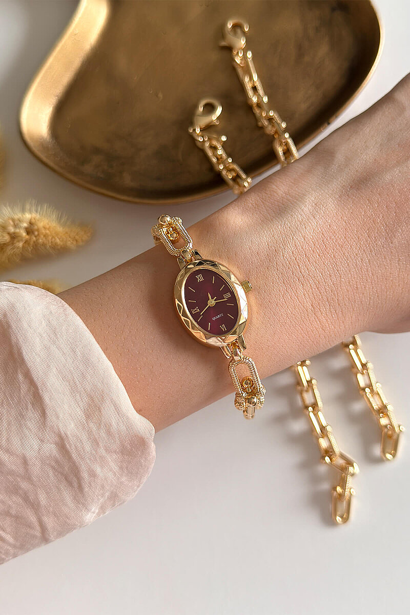 Liora Bordo Kadran Metal Gold Kordon Kadın Kol Saati - 1