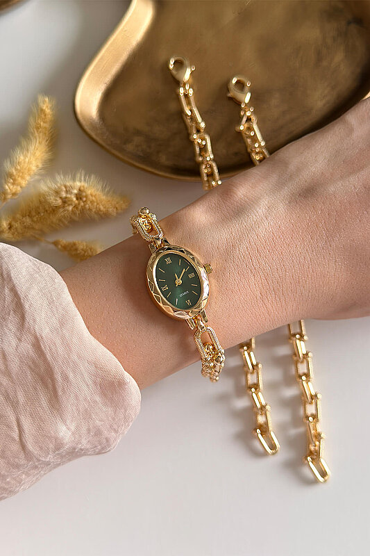 Liora Yeşil Kadran Metal Gold Kordon Kadın Kol Saati - 1