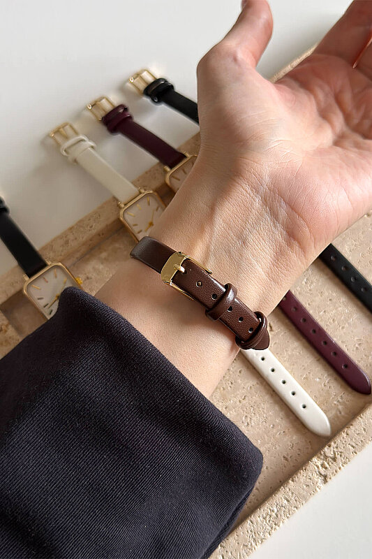 Lorvi Beyaz Kadran Kahverengi Deri Kordon Kadın Kol Saati - 3