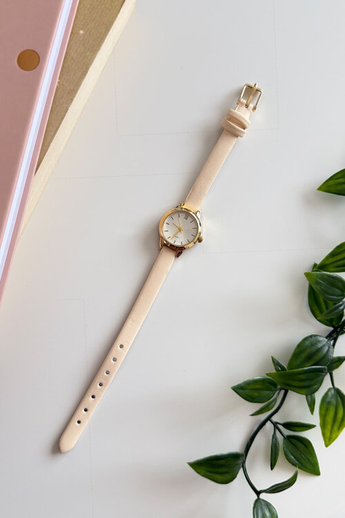 Lotus Bej Rengi Yuvarlak Kadran Deri Dokulu Kordon Kadın Kol Saati