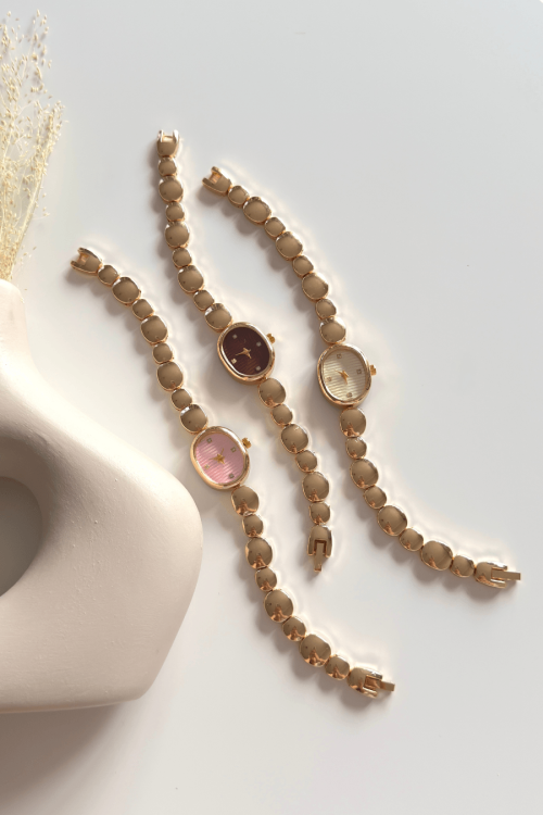 Lume Pudra Kadran Gold Çelik Yuvarlak Kordon Kadın Kol Saati (1)