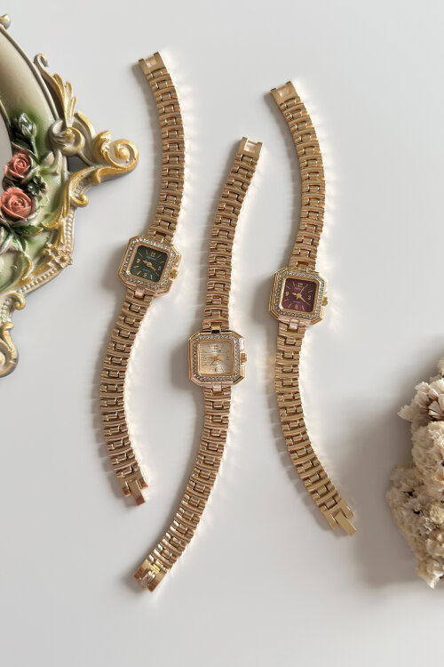 Lunera Bordo Kare Taşlı Kadran Gold Çelik Kordon Kadın Kol Saati (1)