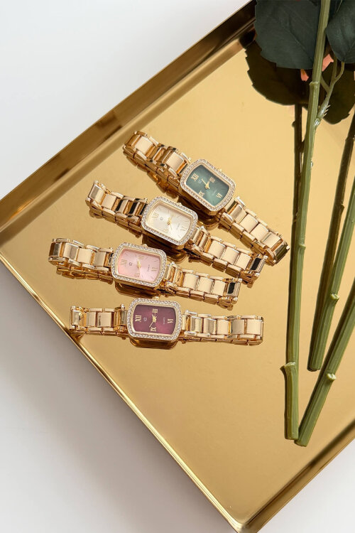 Mary Gold Pudra Taşlı Kare Kadran Çelik Kordon Kadın Kol Saati (1)