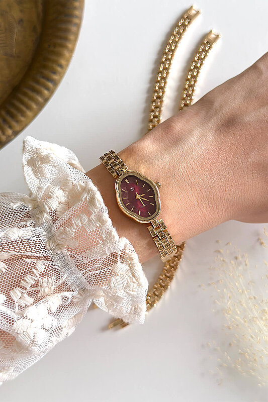 Neria Bordo Kadran Metal Gold Kordon Kadın Kol Saati 