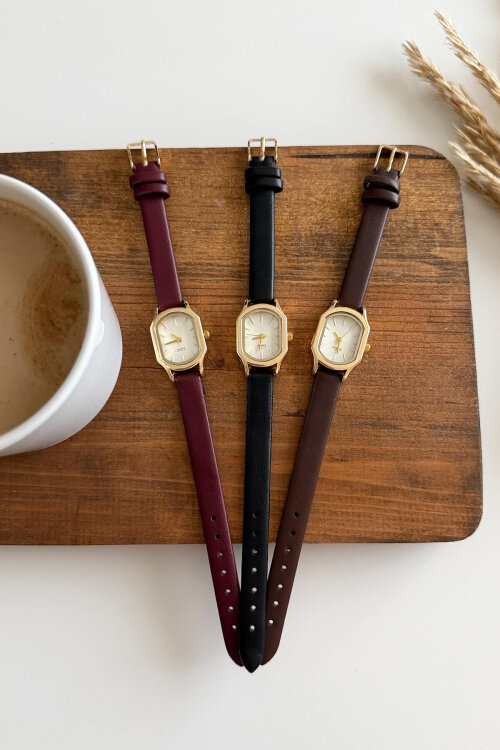 Night Bordo Deri Kordon Gold Kasa Kadın Kol Saati (1)
