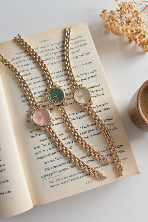 Norix Pudra Gold Yuvarlak Taşlı Kadran Petek Çelik Kordon Kadın Kol Saati (1)