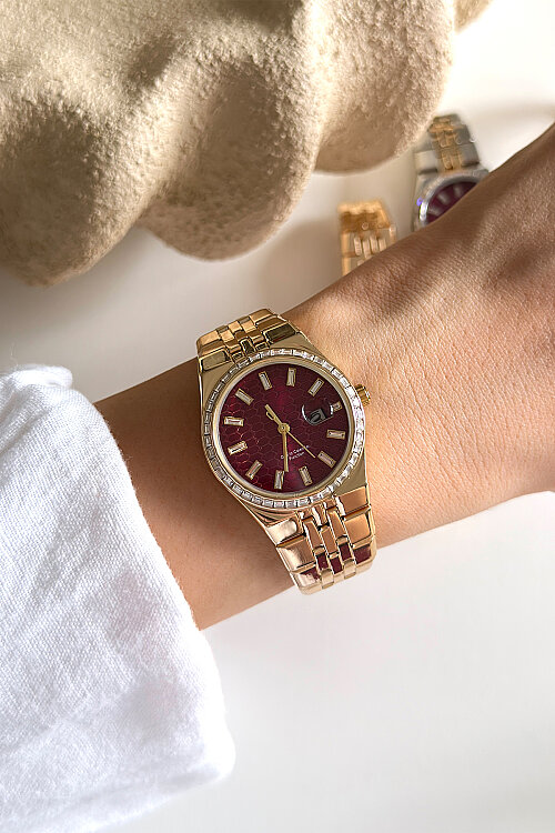 Orin Bordo Kadran Gold Metal Kadran Kadın Kol Saati 