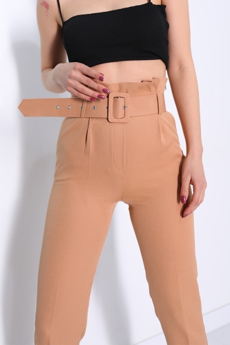 Cappmoda - PNT-07272 Vizon Kare Toka Kemerli Atlas Kumaş Pantolon (1)