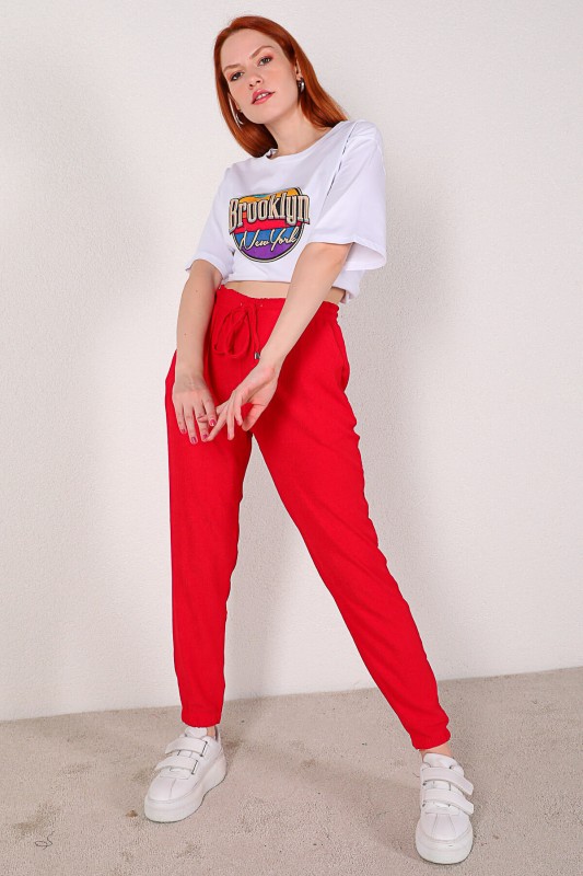 PNT-07288 Kırmızı Salaş Model Bel Lastikli Pantolon